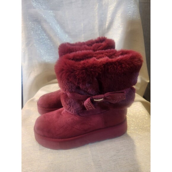Guess Women's Denla Maroon Ribbon Bow Faux Fur Lined Ankle Boots Size 10 - Picture 1 of 8
